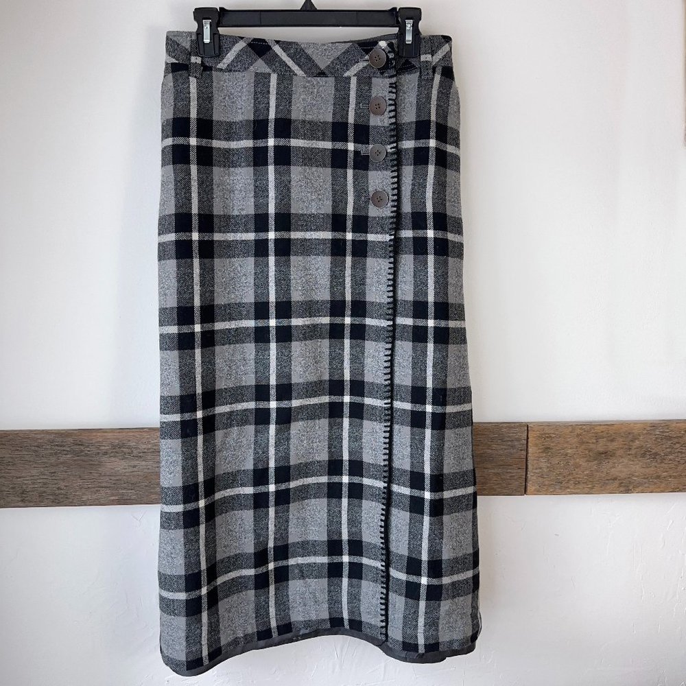 Eddie Bauer Gray and Black Plaid Wrap-Button Pencil Skirt